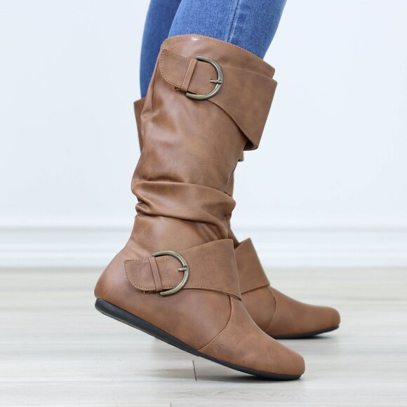 Flat Mid Calf Boots Synthetic Leather Buckles Round Toe Womens Casual Tan - Picture 2 of 16